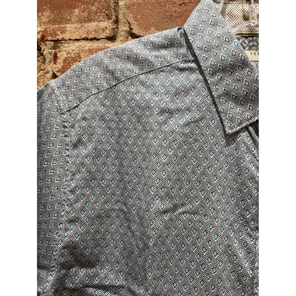 Ted Baker London Blue Geometric Diamond Short Sleeve Button Up Shirt Size 5 XL - Picture 2 of 6